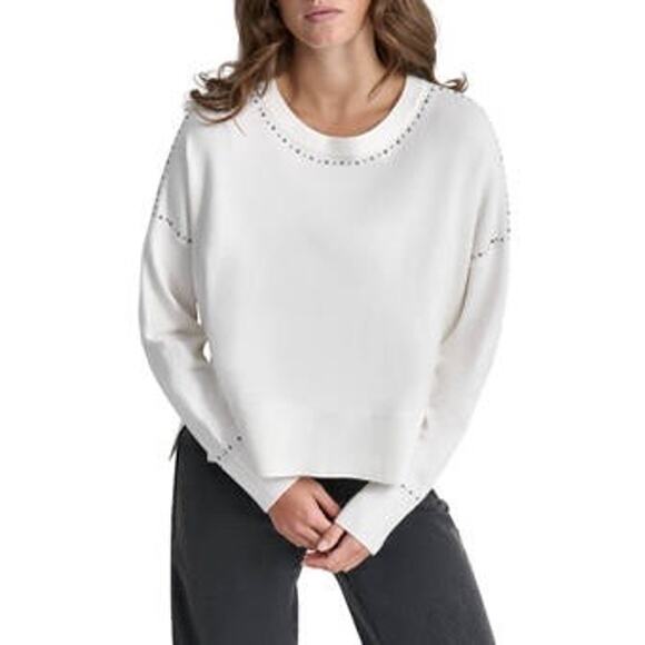 DKNY White Crewneck Stud Trim Split Hem Oversized Long Sleeve Sweater XL NWT - Picture 1 of 14
